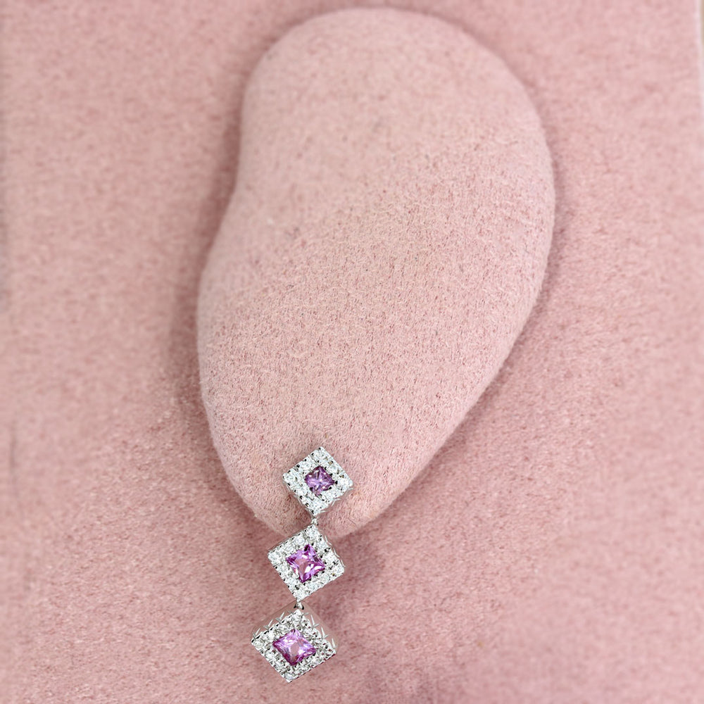 Pre Owned 18ct White Gold Pink Sapphire & Diamond Cluster Drop Earrings