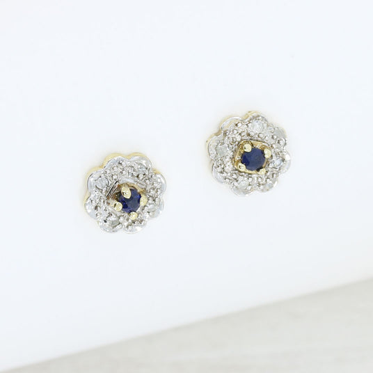 9ct Yellow Gold Flower Sapphire & Diamond Cluster Earrings