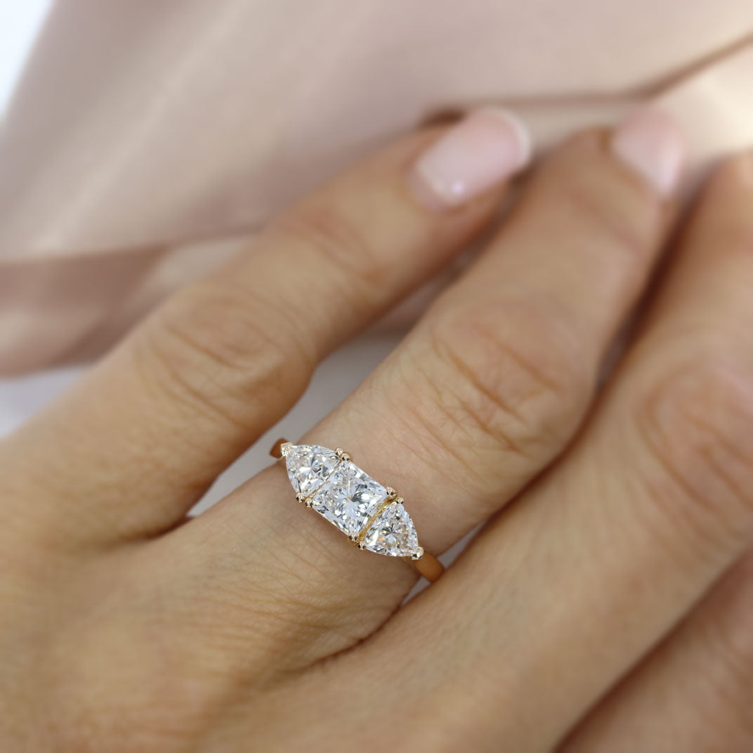18ct Rose Gold Princess & Trillion Cut Laboratory Grown Diamond 3 Stone Ring 1.74ct D-F VS-VVS