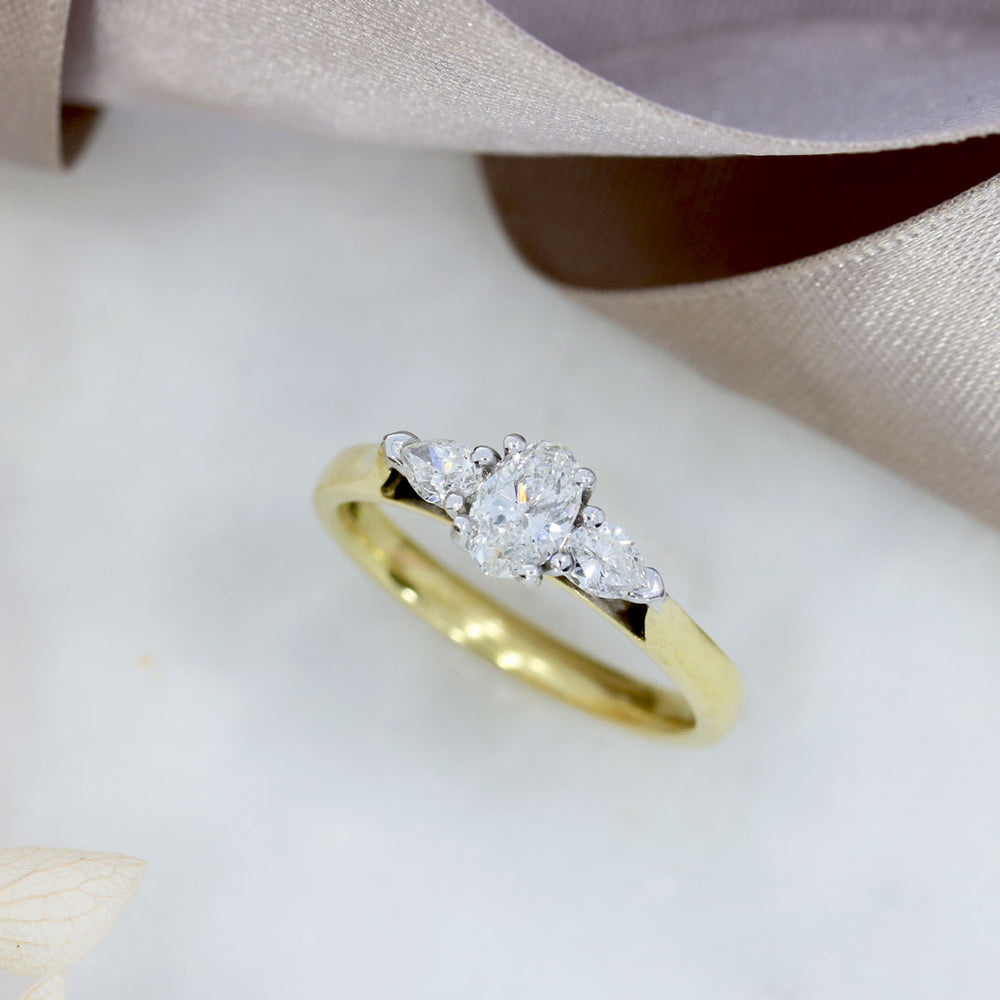18ct Yellow Gold Brilliant Cut & Pear Shape Diamond 3 Stone Ring  0.63ct