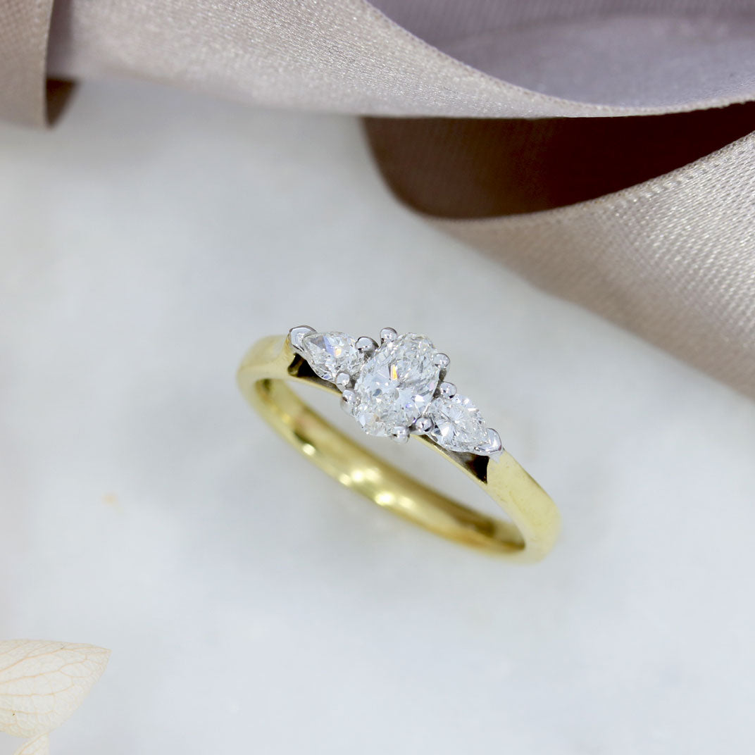 18ct Yellow Gold Brilliant Cut & Pear Shape Diamond 3 Stone Ring  0.63ct