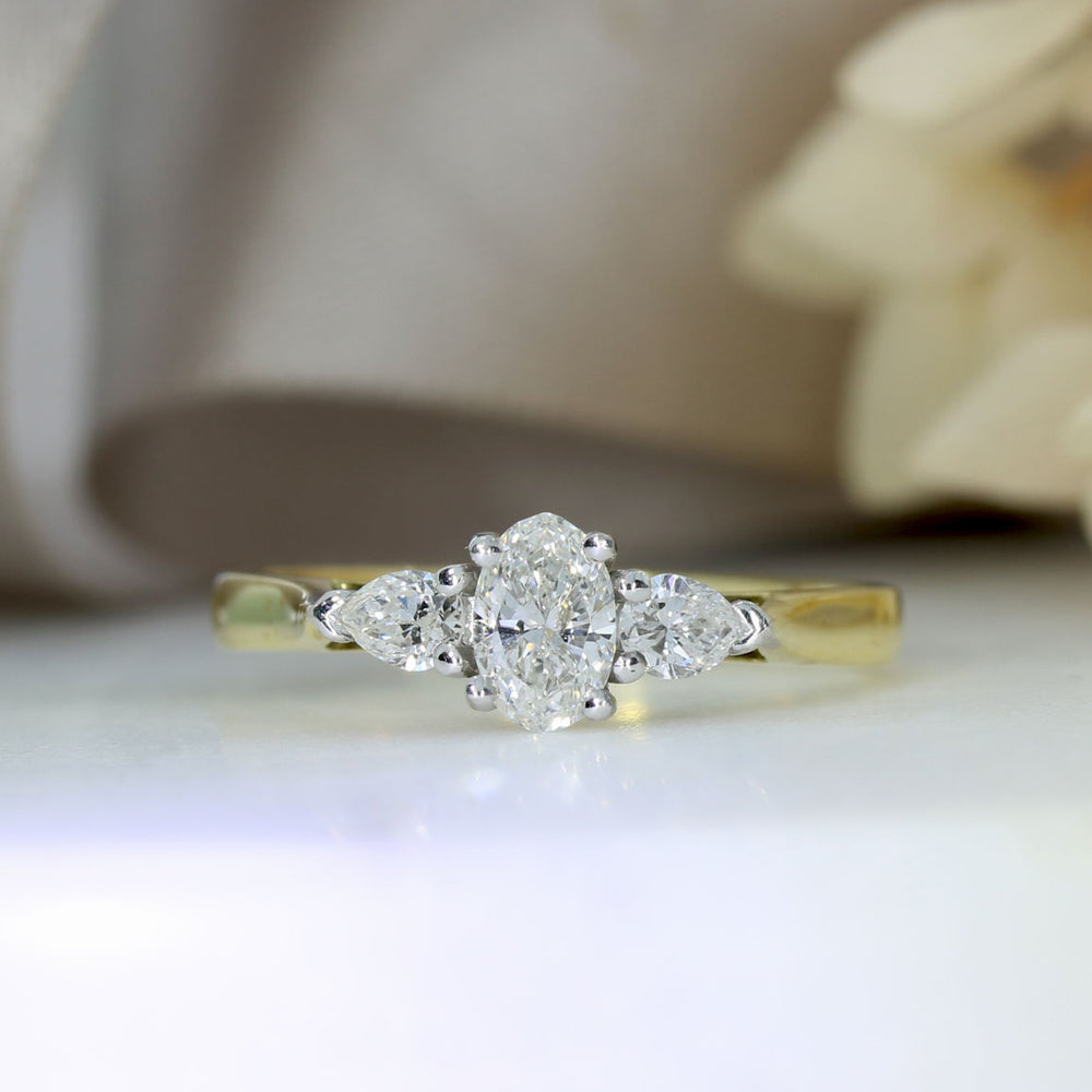 18ct Yellow Gold Brilliant Cut & Pear Shape Diamond 3 Stone Ring  0.63ct