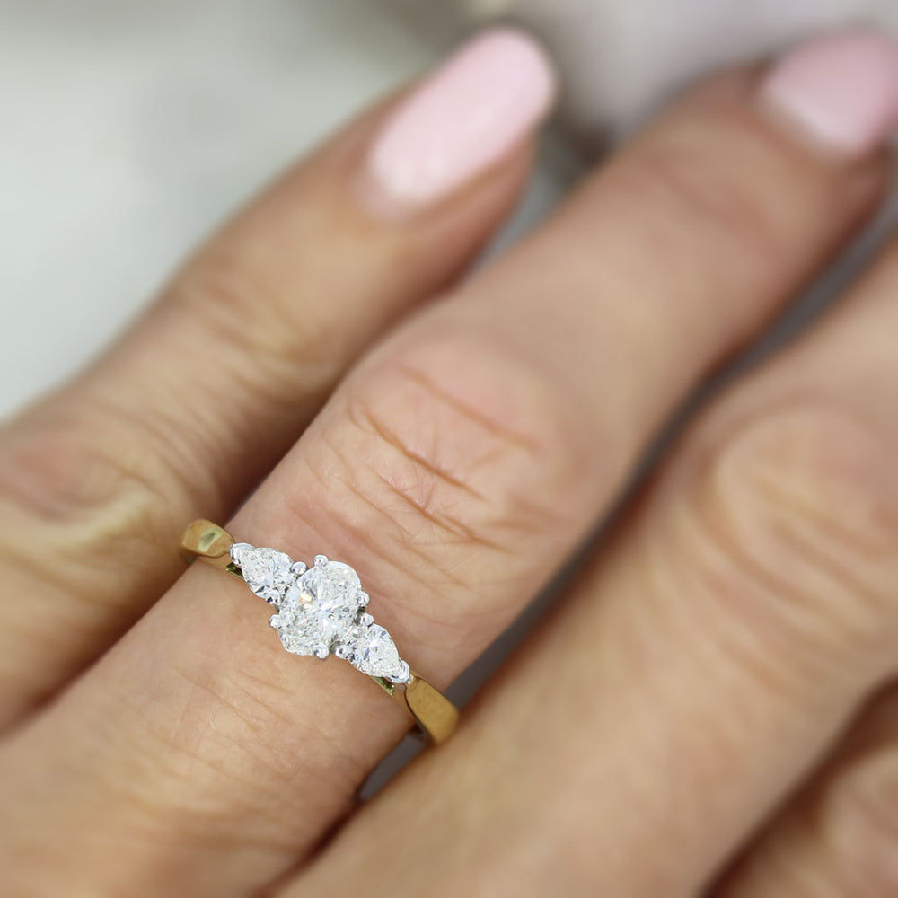 18ct Yellow Gold Brilliant Cut & Pear Shape Diamond 3 Stone Ring  0.63ct