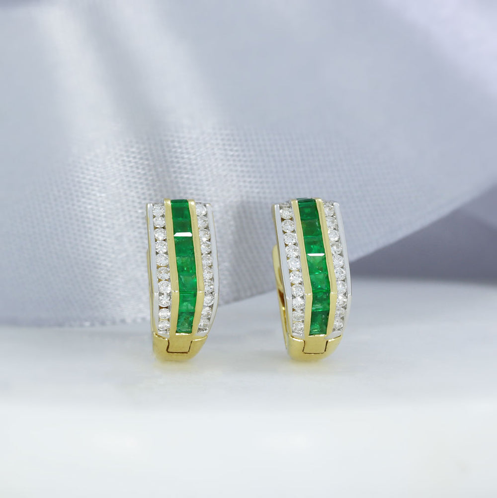 Pre Owned 18ct Yellow Gold Emerad & Diamond Huggie Style Earrings