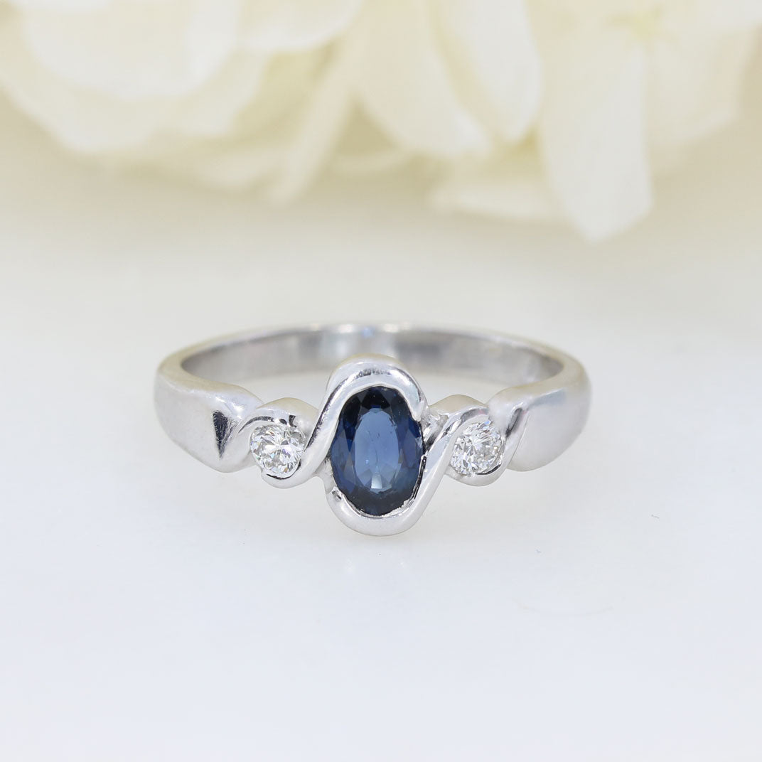 18ct White Gold Oval  Sapphire & Diamond 3 Stone Ring