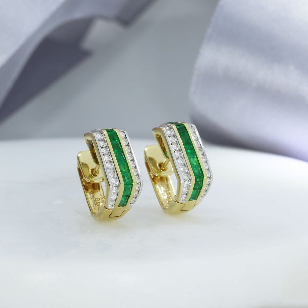 Pre Owned 18ct Yellow Gold Emerad & Diamond Huggie Style Earrings