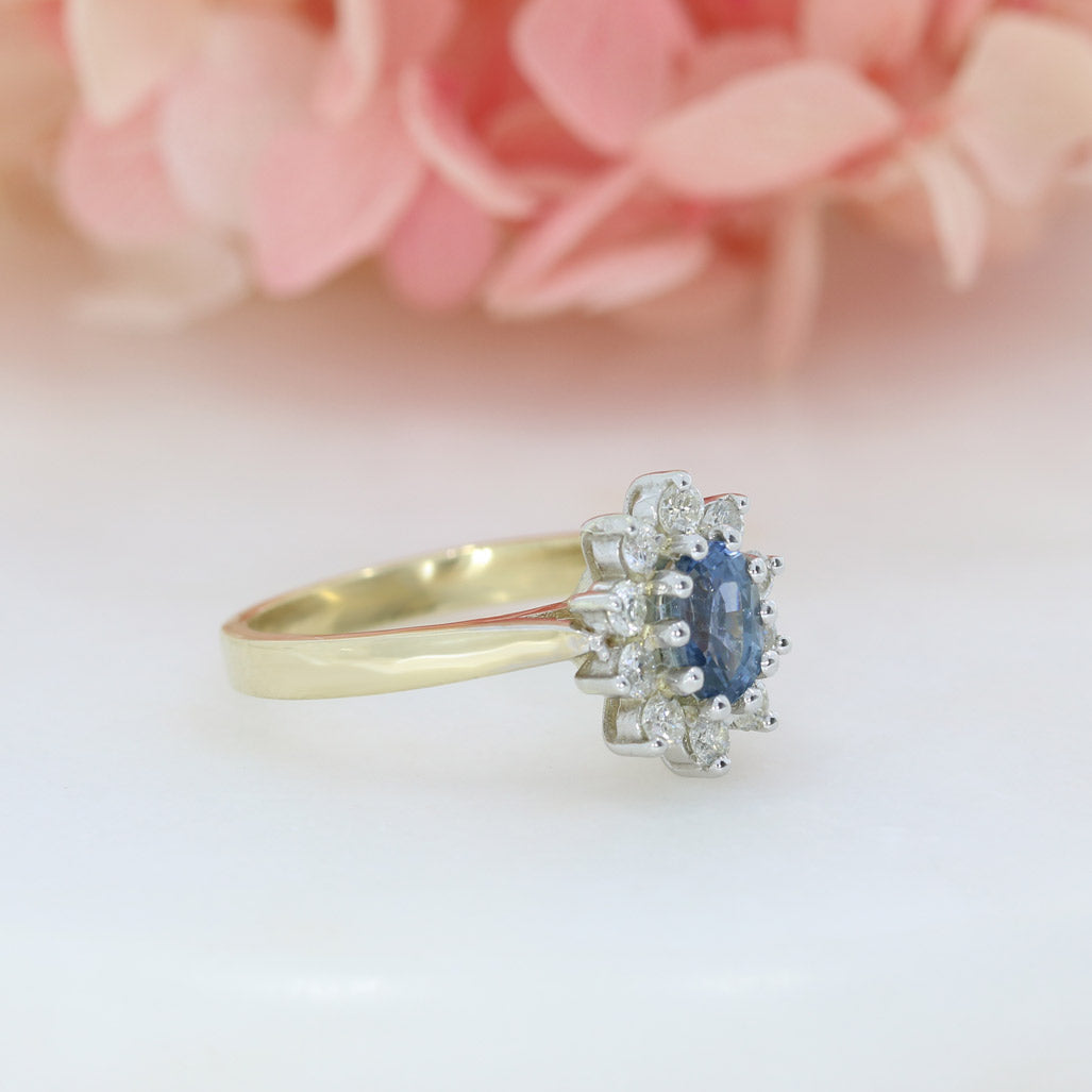 Pre Owned 9ct Yellow Gold Oval Sapphire & Diamond Cluster Ring