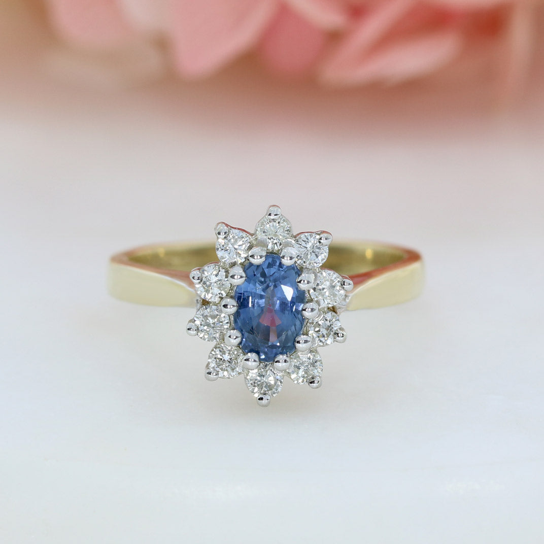Pre Owned 9ct Yellow Gold Oval Sapphire & Diamond Cluster Ring