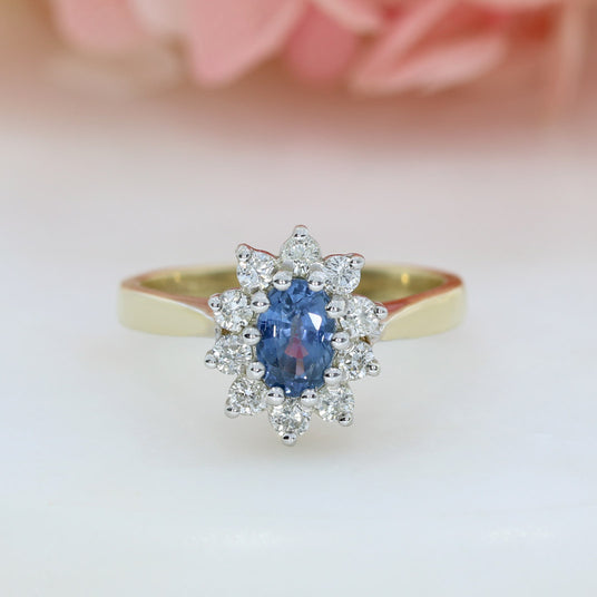 Pre Owned 9ct Yellow Gold Oval Sapphire & Diamond Cluster Ring