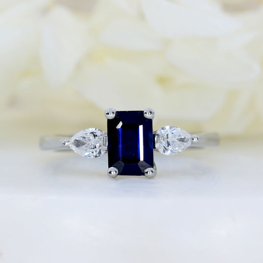 Platinum Emerald Cut Sapphire & Pear Shape Diamond 3 Stone Ring