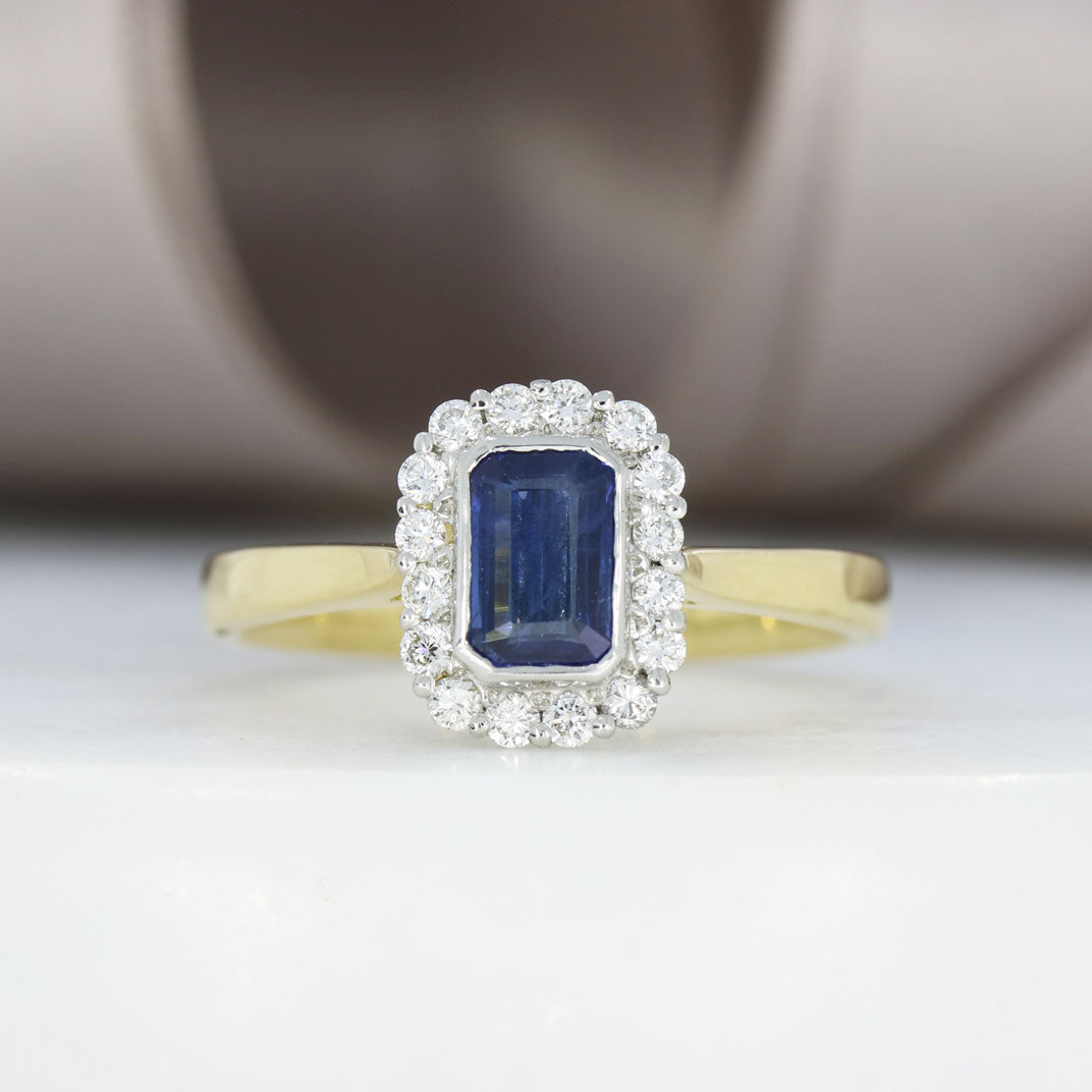 18ct Gold & Platinum Emerald Cut Sapphire & Diamond Cluster Ring