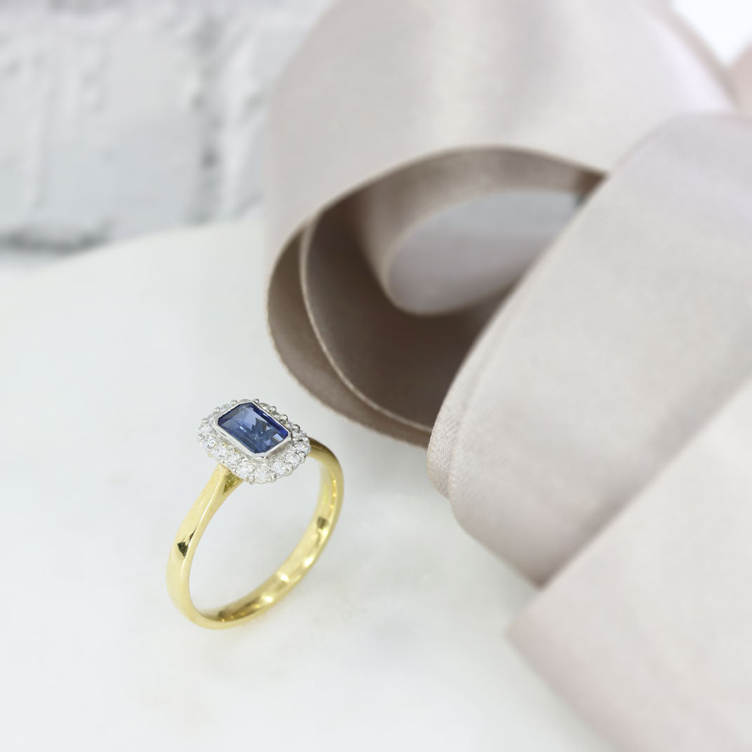 18ct Gold & Platinum Emerald Cut Sapphire & Diamond Cluster Ring
