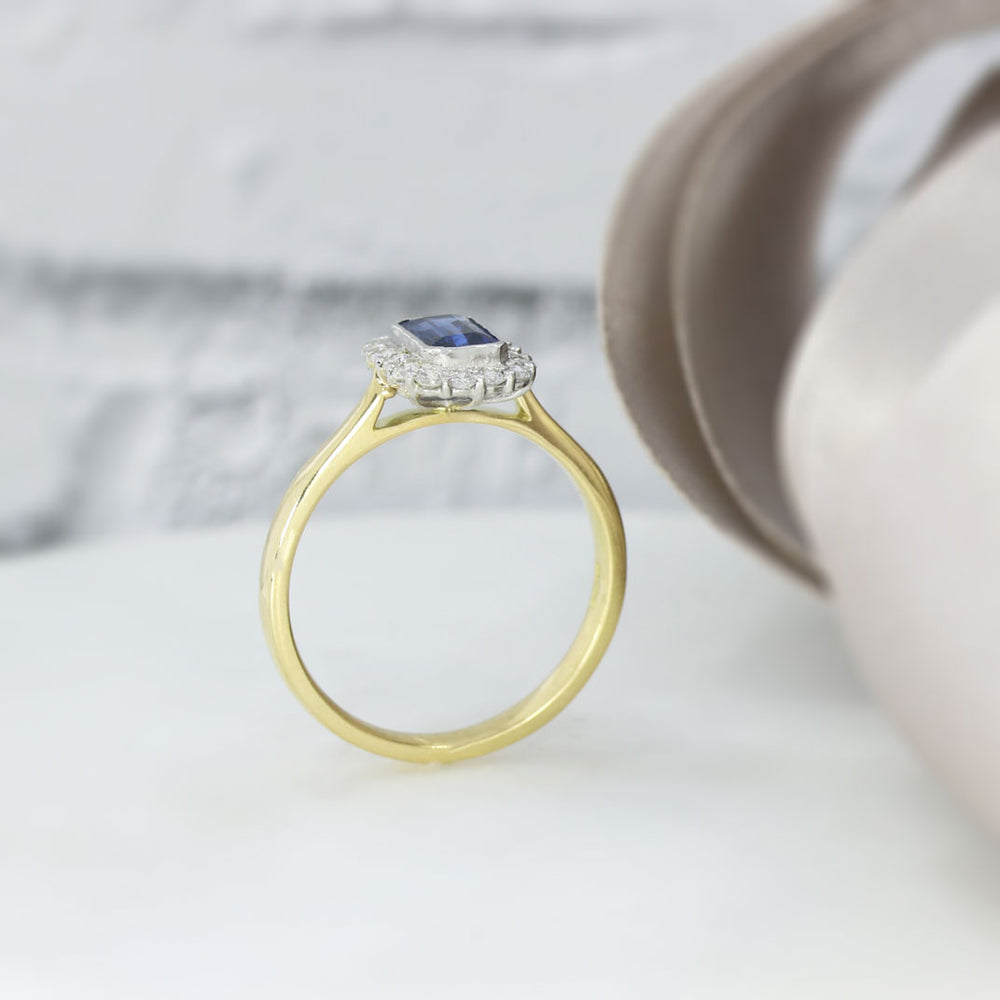 18ct Gold & Platinum Emerald Cut Sapphire & Diamond Cluster Ring