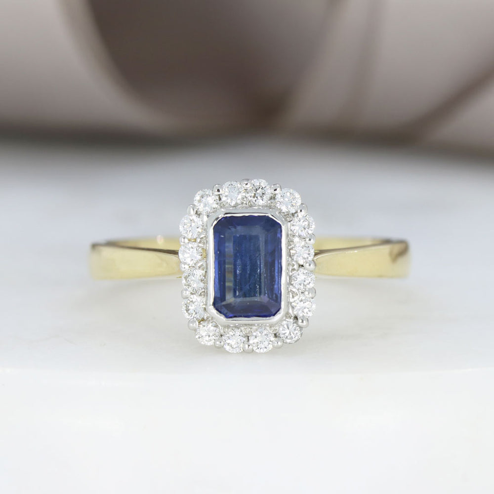 18ct Gold & Platinum Emerald Cut Sapphire & Diamond Cluster Ring