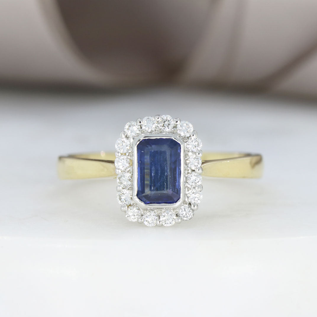 18ct Gold & Platinum Emerald Cut Sapphire & Diamond Cluster Ring