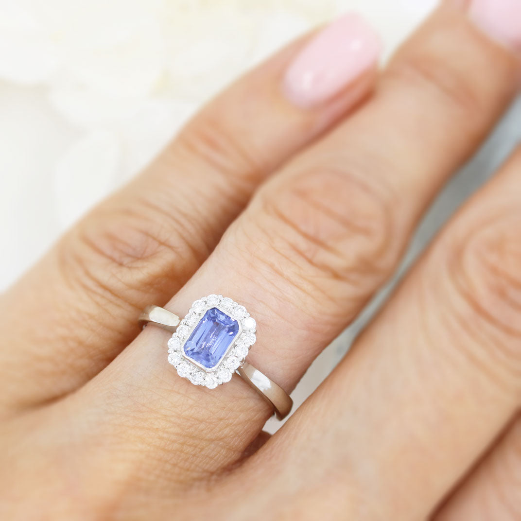 Platinum Emerald Cut Sapphire & Diamond Cluster Ring