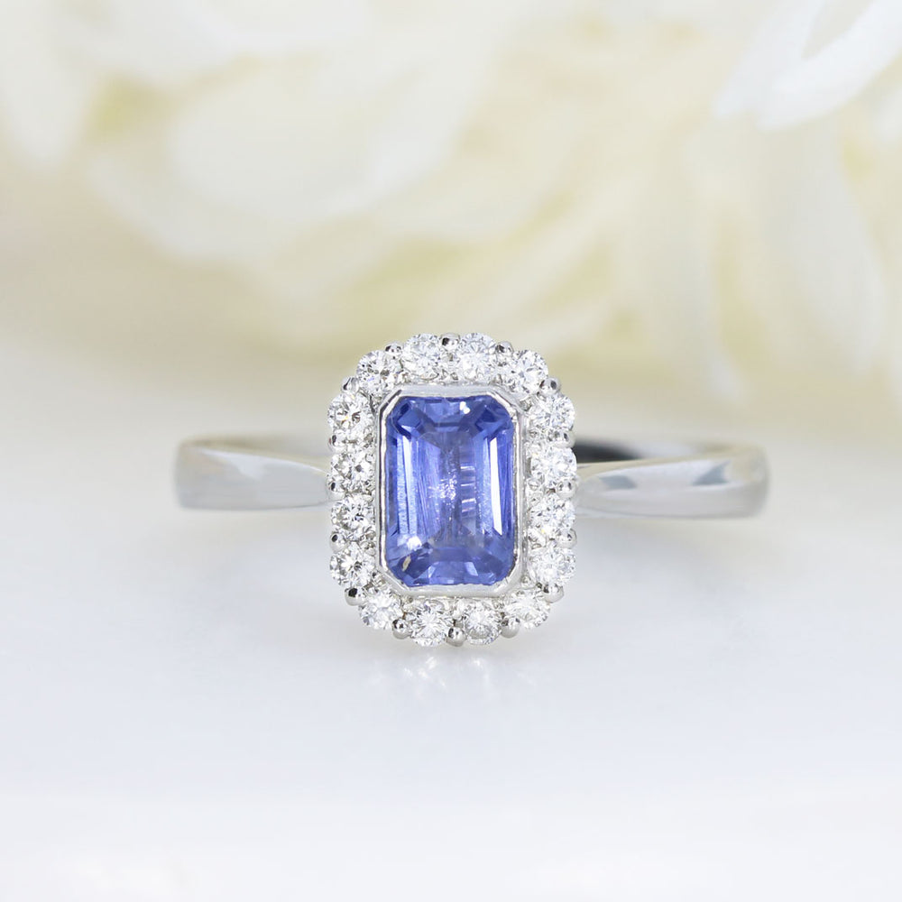 Platinum Emerald Cut Sapphire & Diamond Cluster Ring
