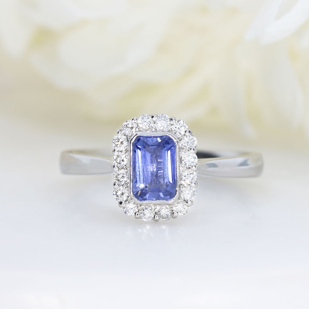 Platinum Emerald Cut Sapphire & Diamond Cluster Ring