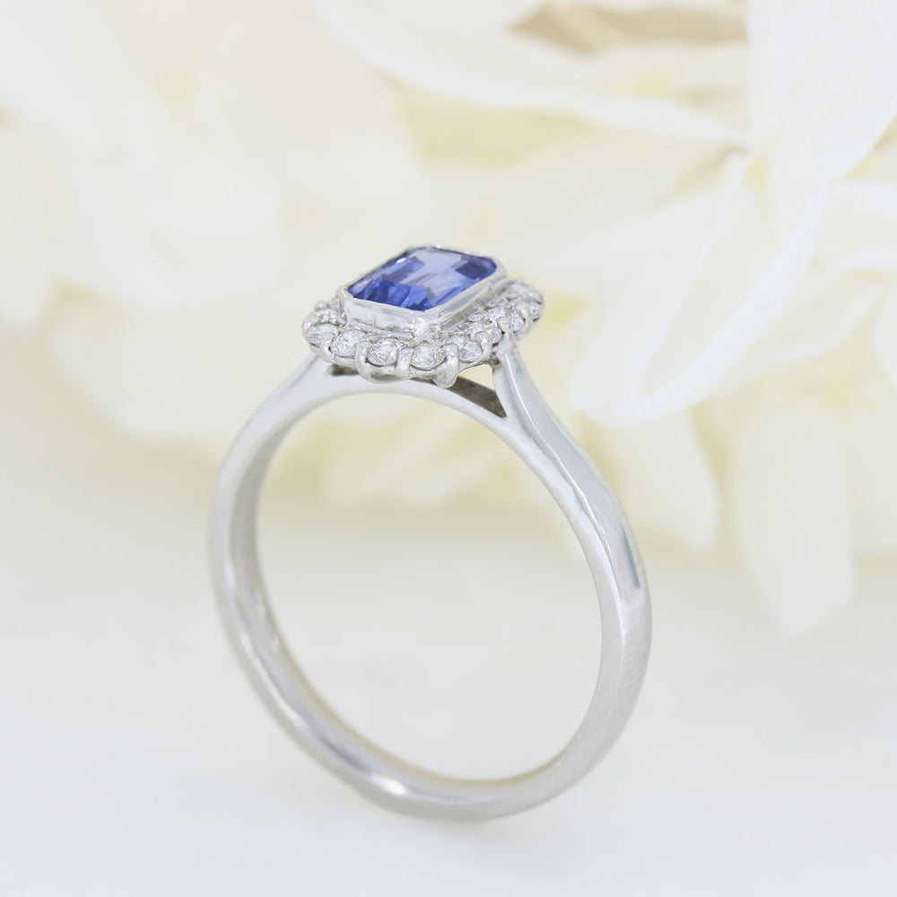 Platinum Emerald Cut Sapphire & Diamond Cluster Ring