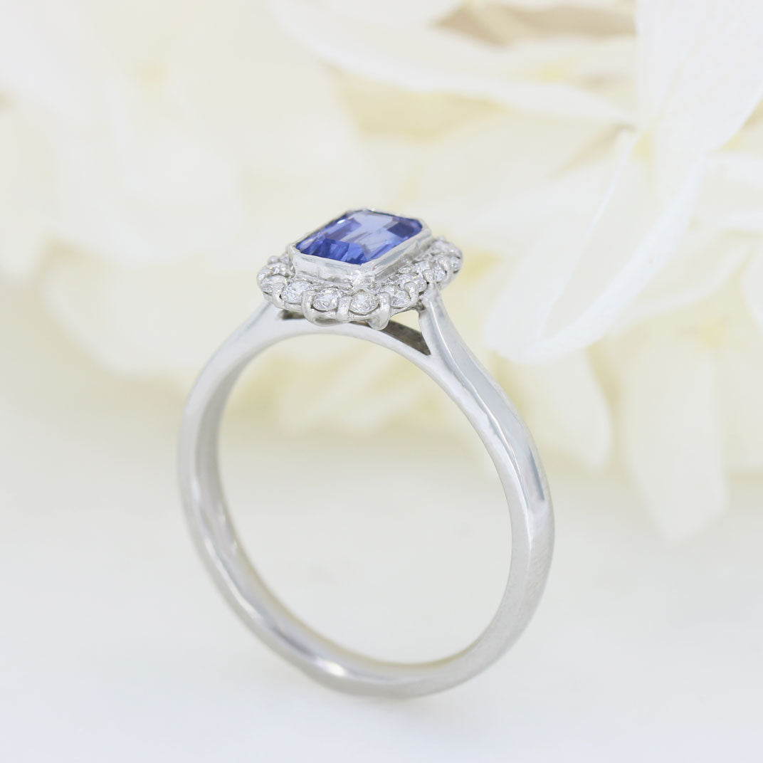 Platinum Emerald Cut Sapphire & Diamond Cluster Ring