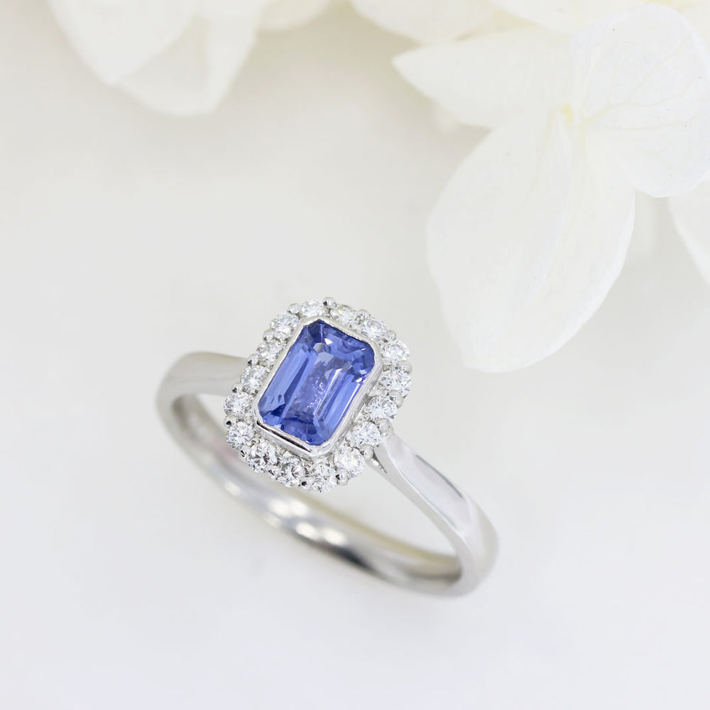 Platinum Emerald Cut Sapphire & Diamond Cluster Ring