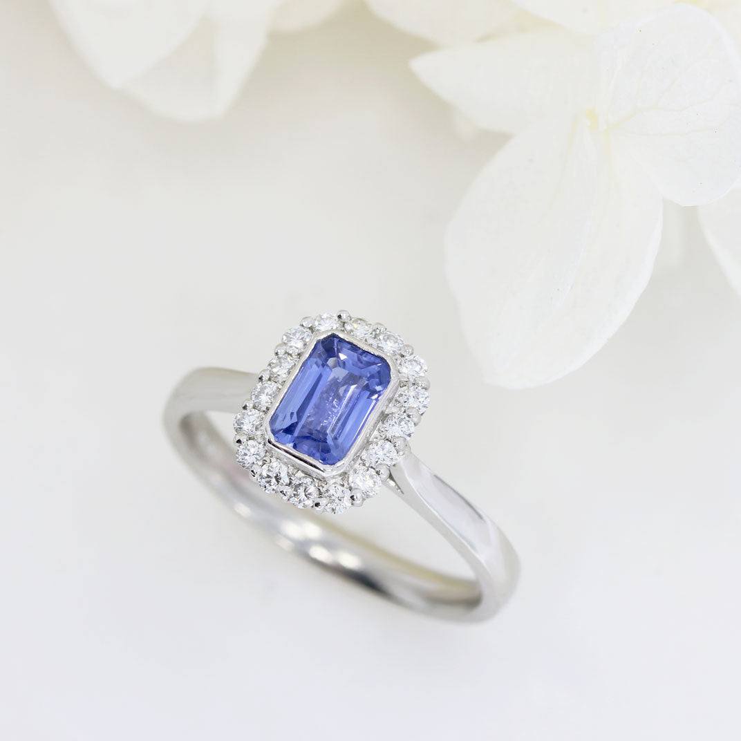 Platinum Emerald Cut Sapphire & Diamond Cluster Ring