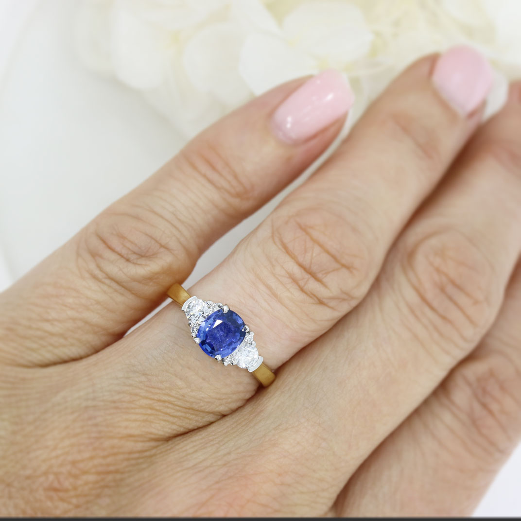 18ct Yellow Gold & Platinum Oval Sapphire  Ring with Diamond Cluster Shoulders