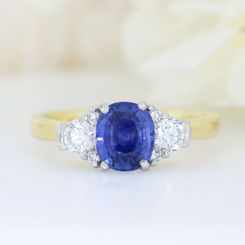18ct Yellow Gold & Platinum Oval Sapphire  Ring with Diamond Cluster Shoulders