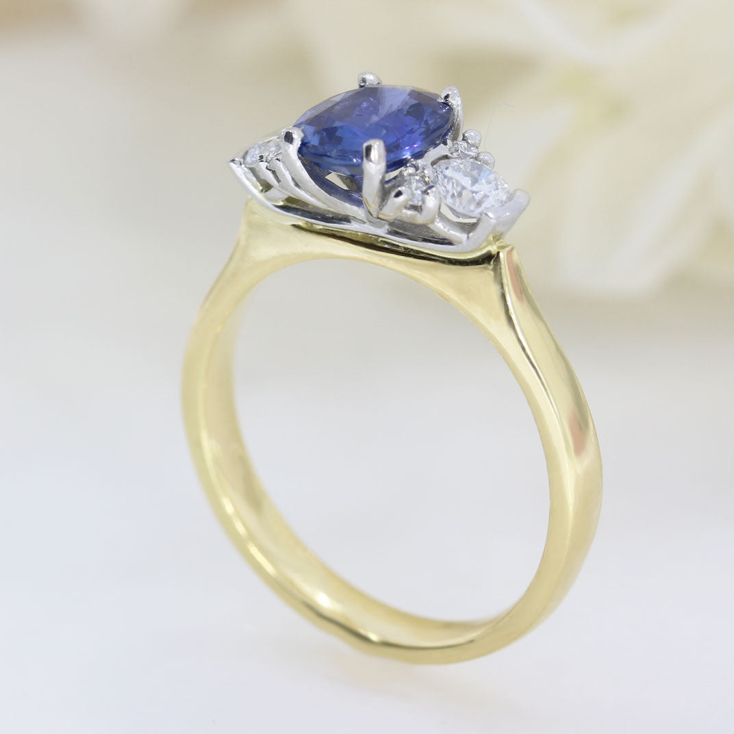 18ct Yellow Gold & Platinum Oval Sapphire  Ring with Diamond Cluster Shoulders