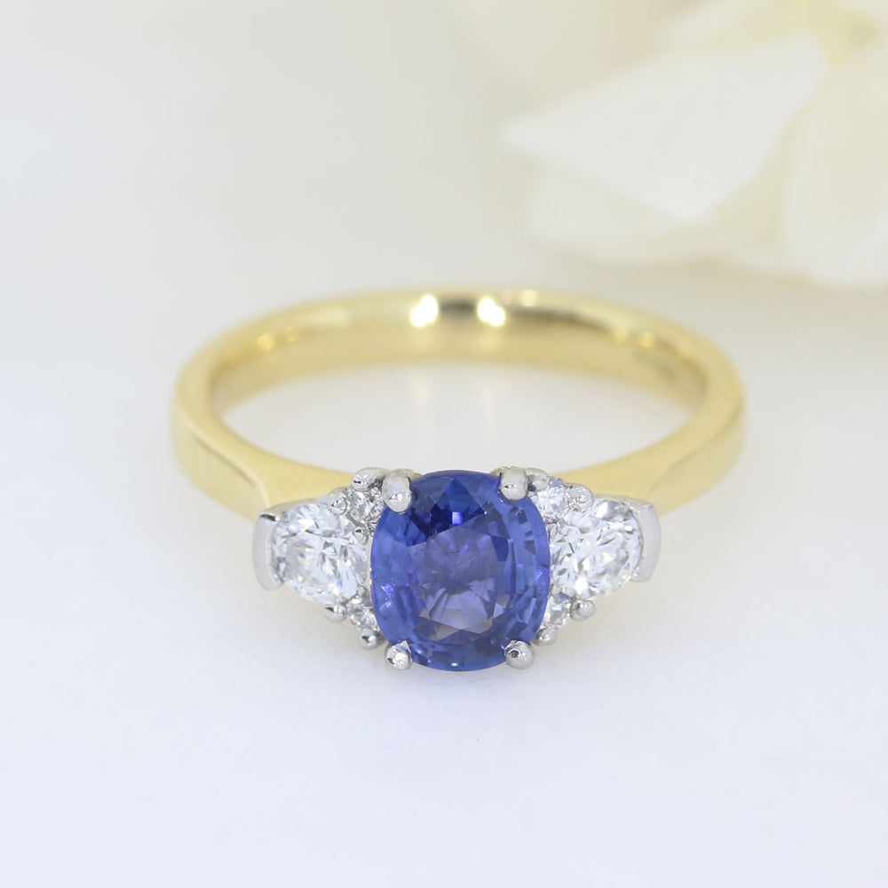 18ct Yellow Gold & Platinum Oval Sapphire  Ring with Diamond Cluster Shoulders