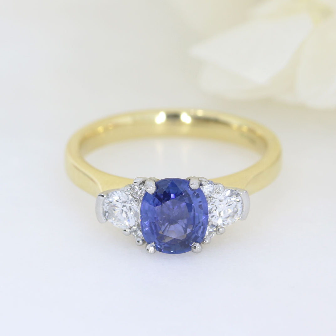 18ct Yellow Gold & Platinum Oval Sapphire  Ring with Diamond Cluster Shoulders