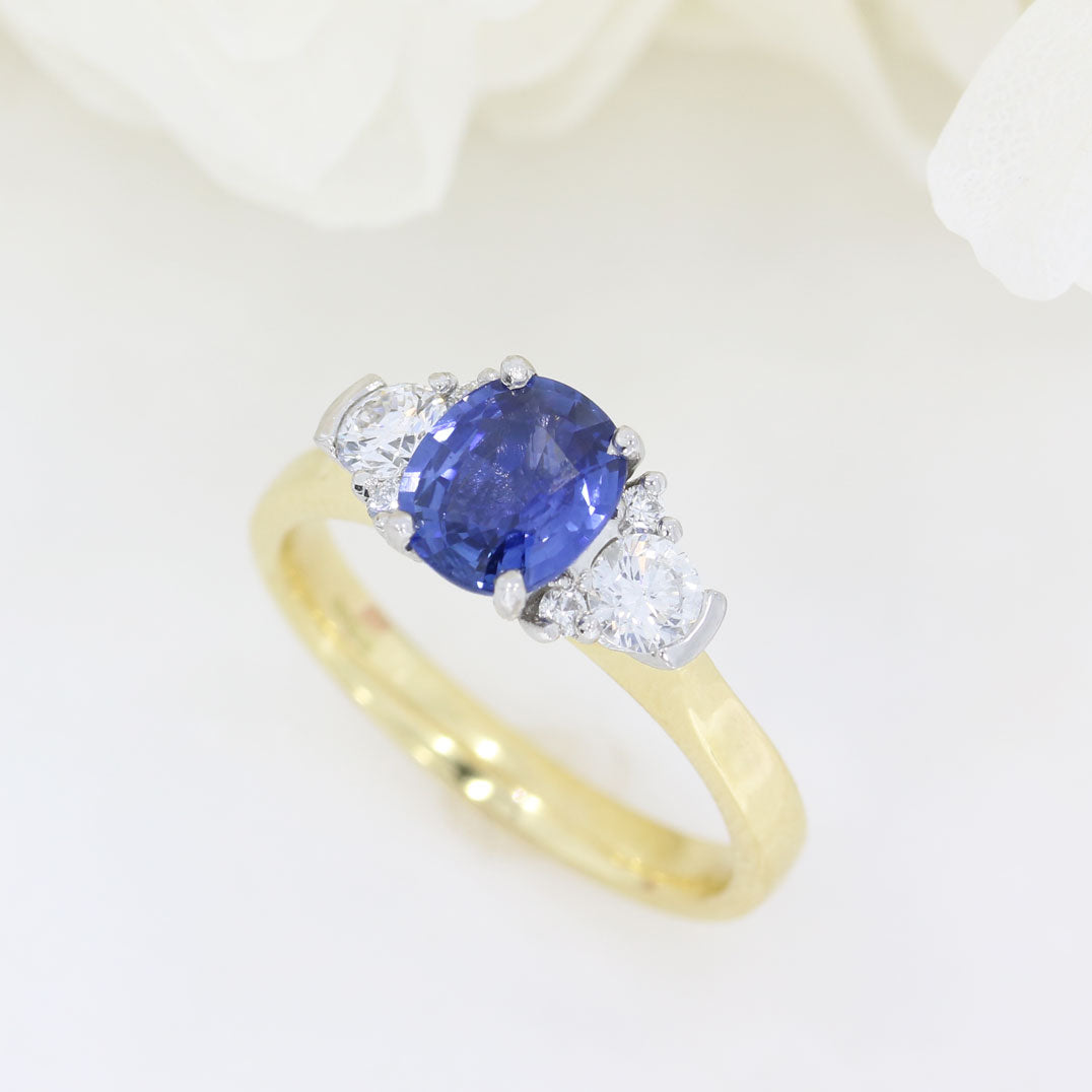 18ct Yellow Gold & Platinum Oval Sapphire  Ring with Diamond Cluster Shoulders