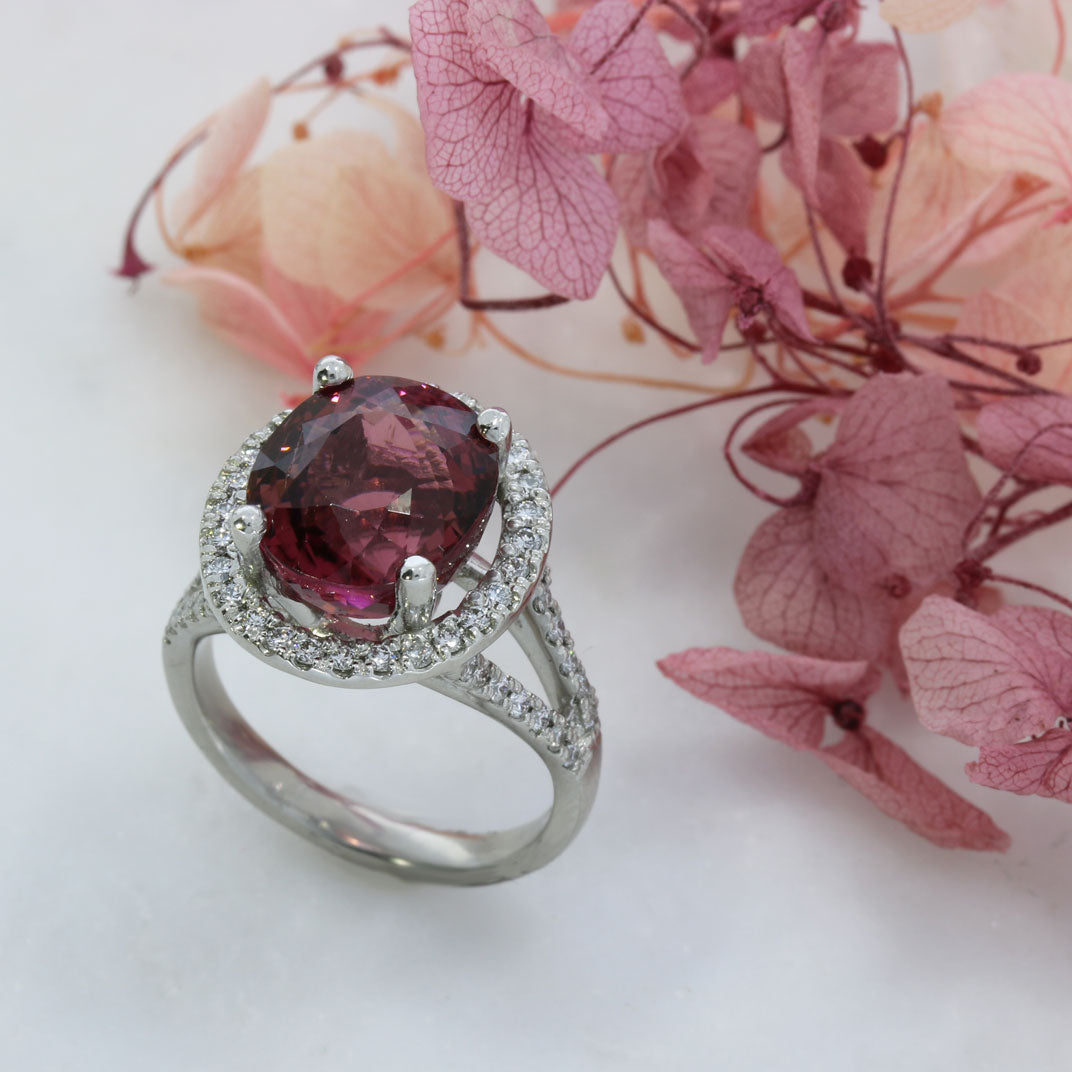 Platinum 6.07ct Pink Tourmaline & Diamond Halo Cluster Ring