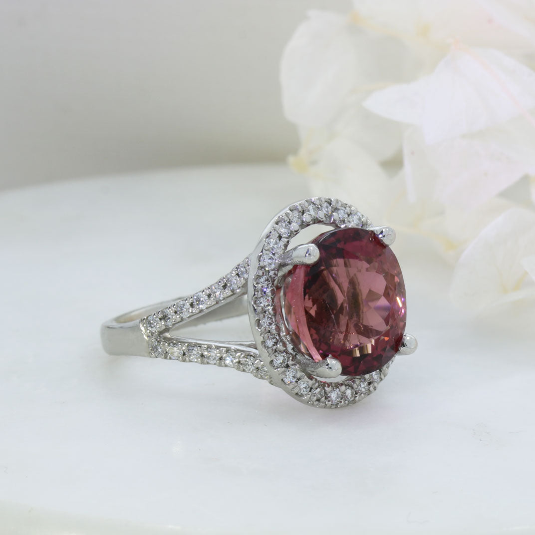 Platinum 6.07ct Pink Tourmaline & Diamond Halo Cluster Ring
