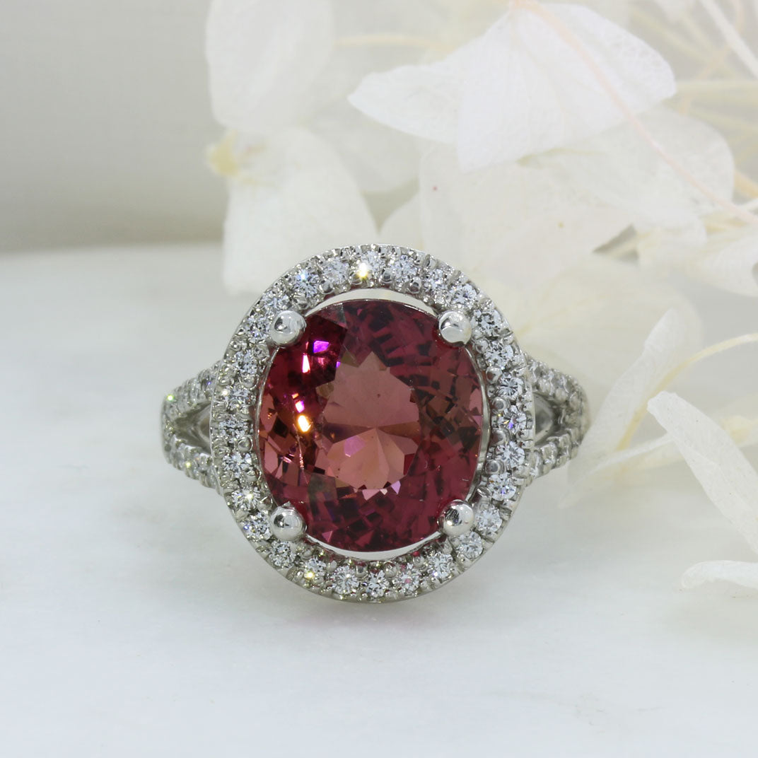 Platinum 6.07ct Pink Tourmaline & Diamond Halo Cluster Ring