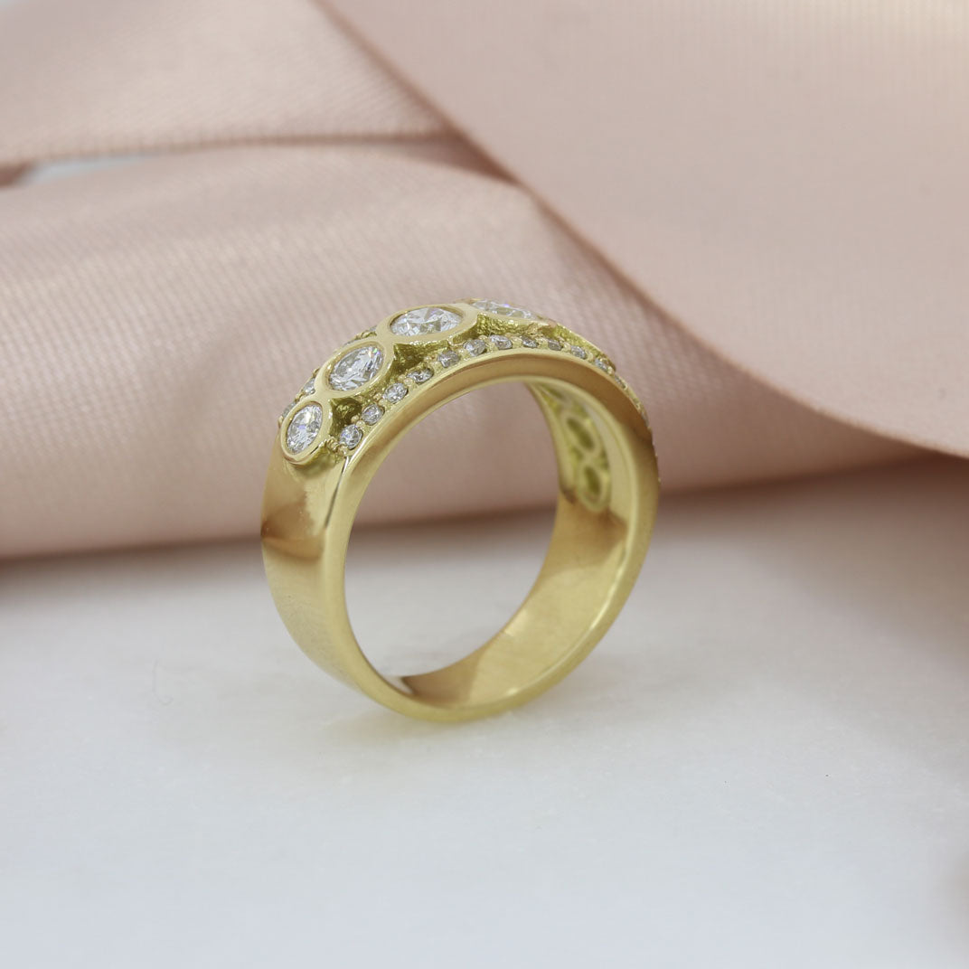 18ct Yellow Gold Wide Dress Ring with Rubover and Claw Set Diamonds 1.25ct
