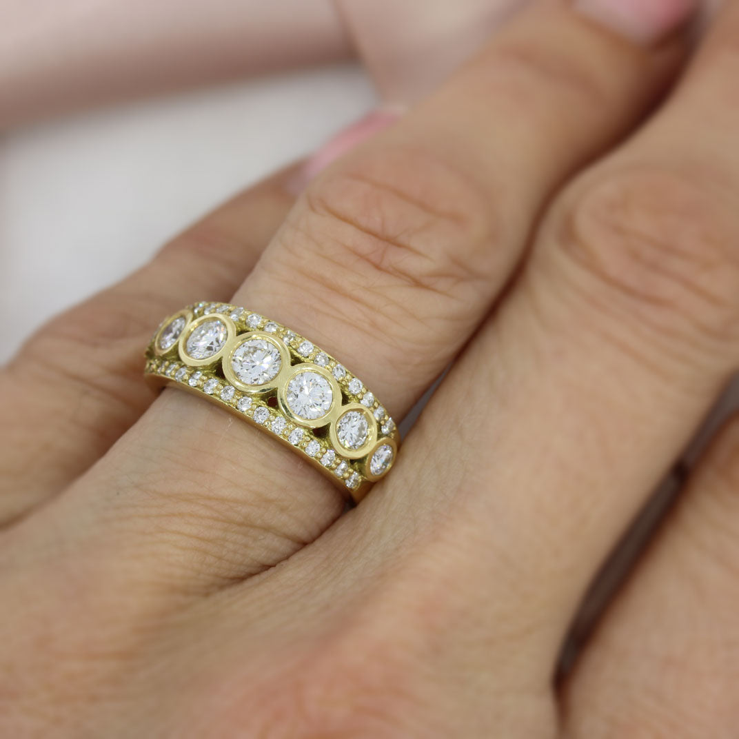 18ct Yellow Gold Wide Dress Ring with Rubover and Claw Set Diamonds 1.25ct