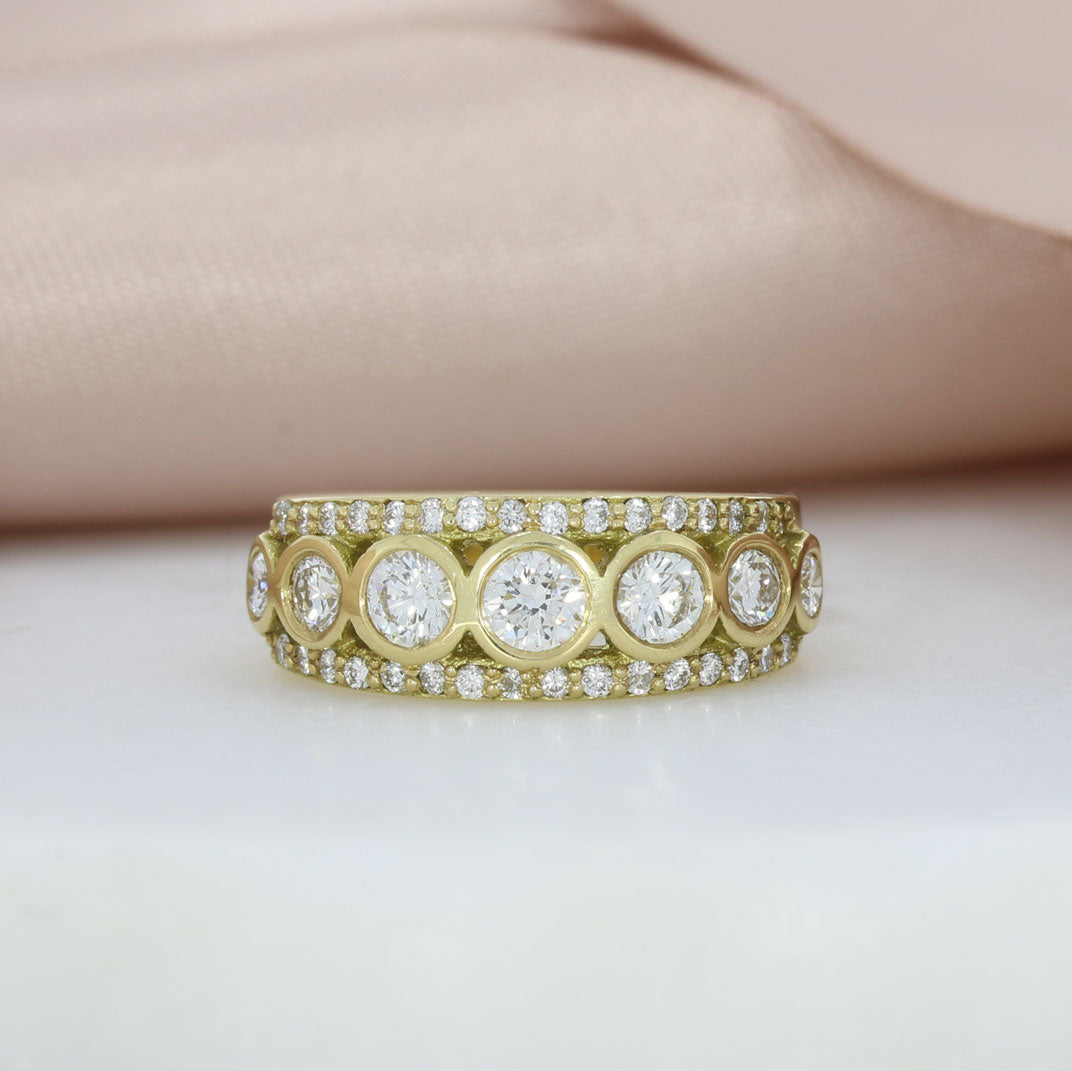 18ct Yellow Gold Wide Dress Ring with Rubover and Claw Set Diamonds 1.25ct