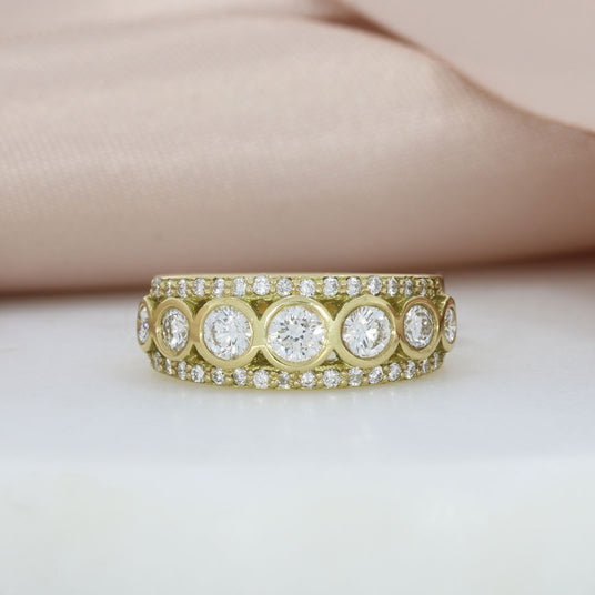 18ct Yellow Gold Wide Dress Ring with Rubover and Claw Set Diamonds 1.25ct