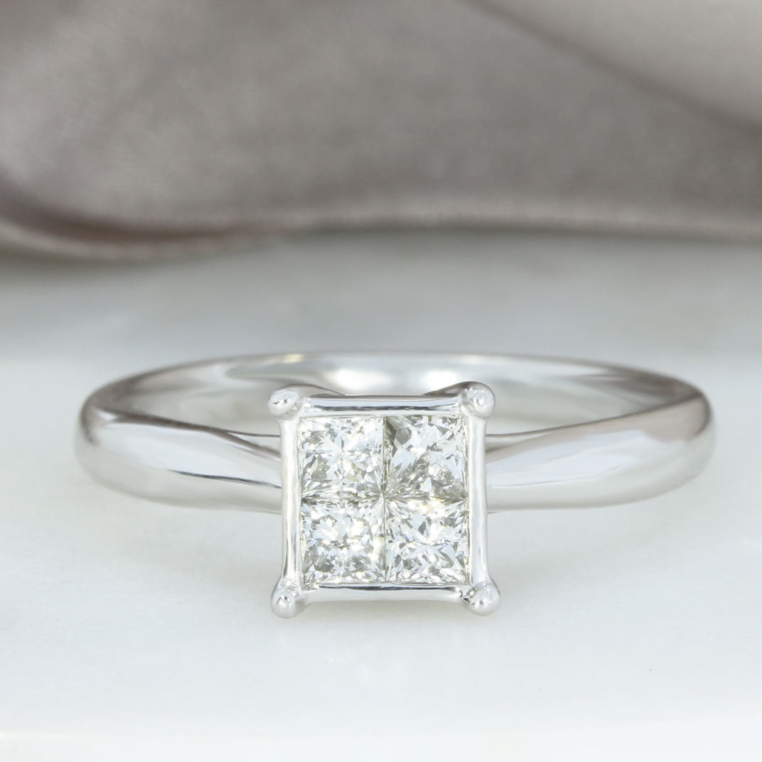 Pre Owned 9ct Gold Princess Cut Diamond Illusion Set Cluster Ring 0.50ct