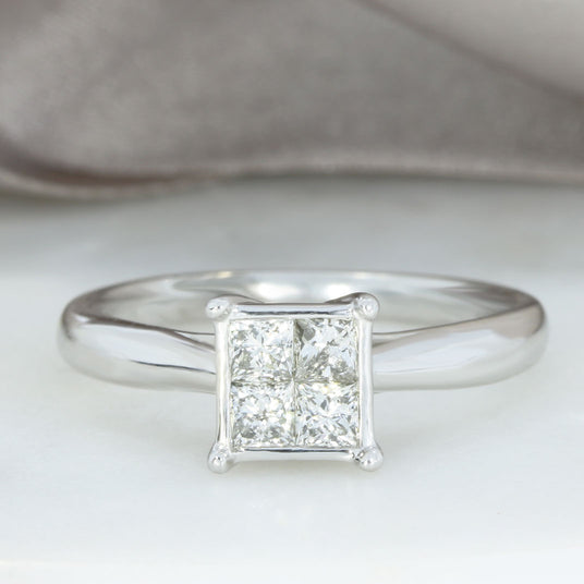 Pre Owned 9ct Gold Princess Cut Diamond Illusion Set Cluster Ring 0.50ct