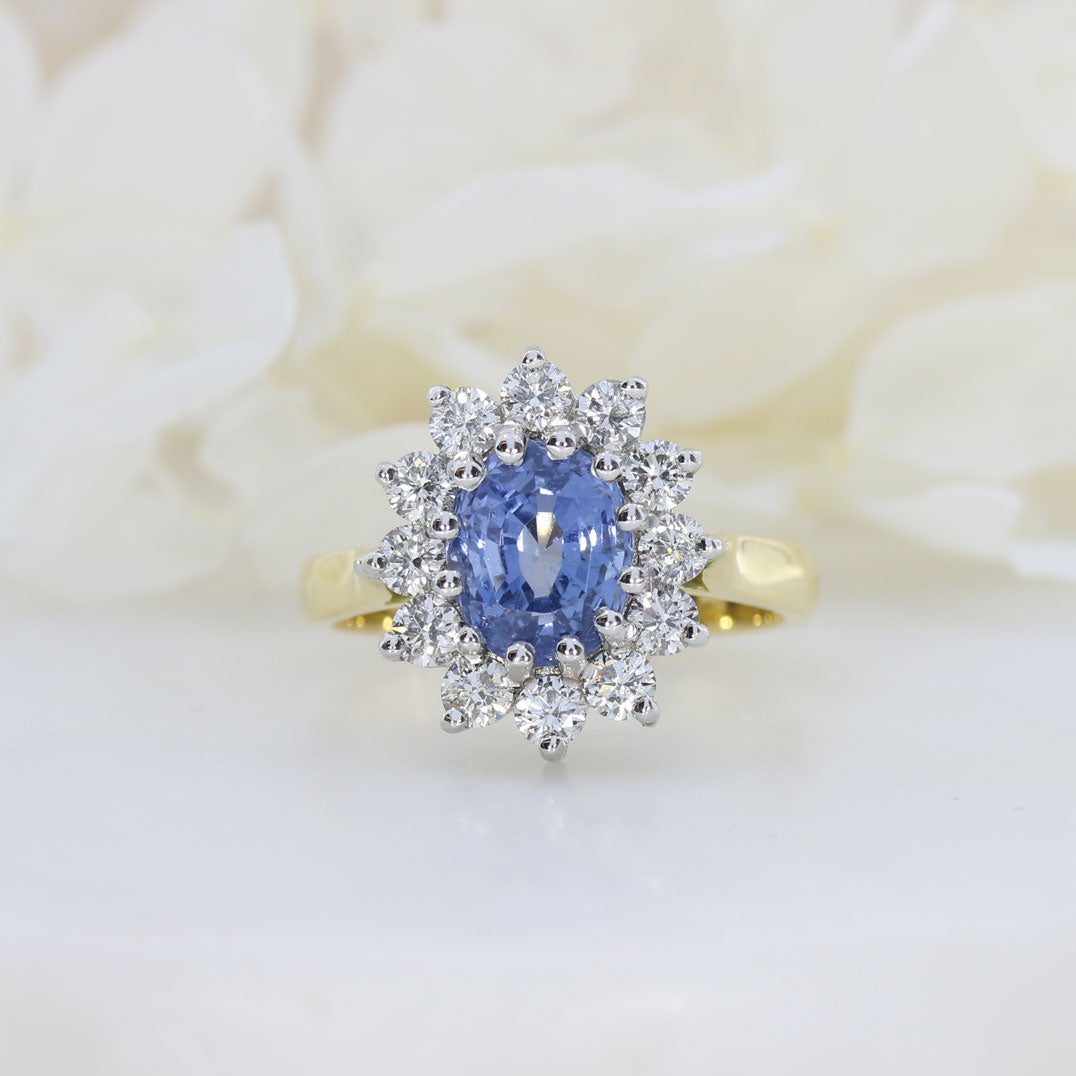 18ct Yellow Gold Ceylon Sapphire & Diamond Cluster Ring