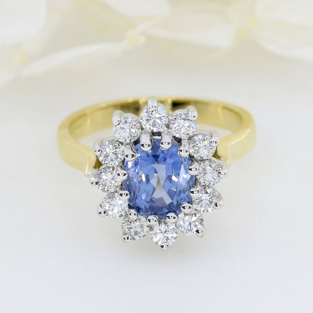18ct Yellow Gold Ceylon Sapphire & Diamond Cluster Ring