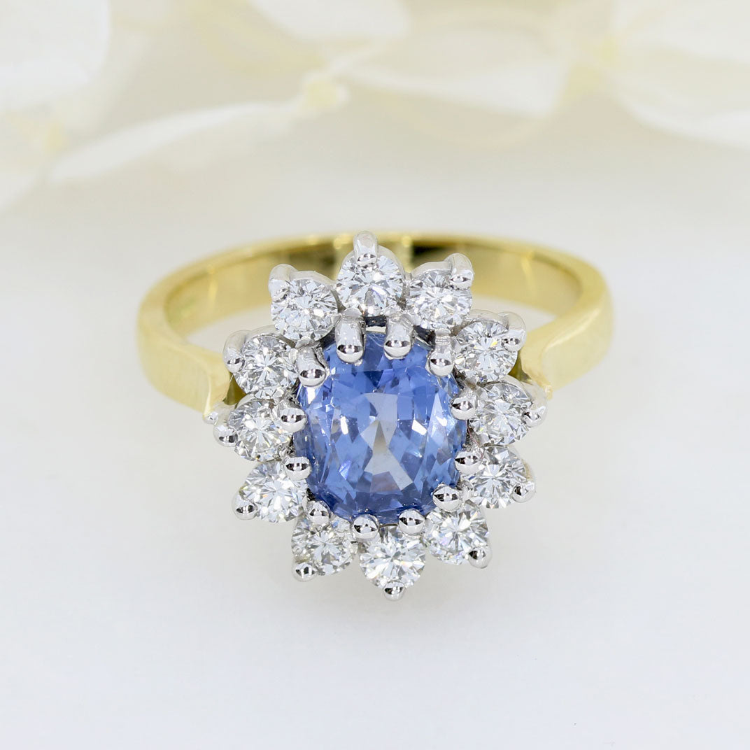 18ct Yellow Gold Ceylon Sapphire & Diamond Cluster Ring