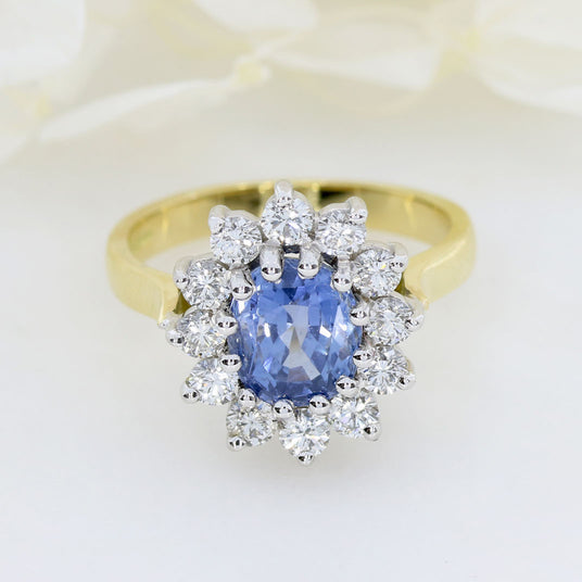18ct Yellow Gold Ceylon Sapphire & Diamond Cluster Ring