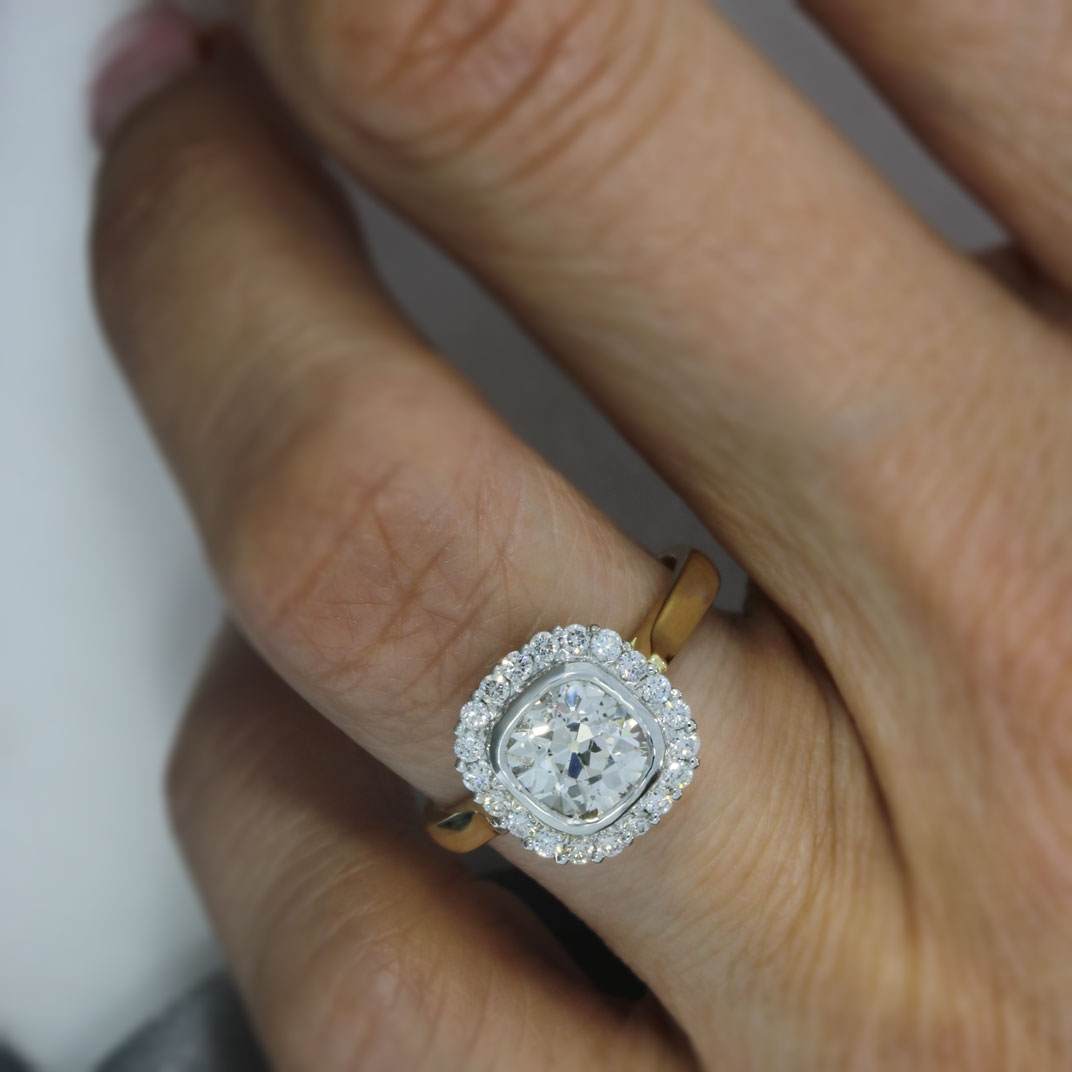 Pre Owned 18ct Gold Old Cut Cushion Shape Diamond Cluster Ring 1.60ct