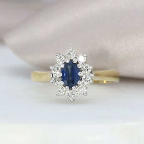 9ct Yellow Gold Oval Sapphire & Diamond Cluster Ring