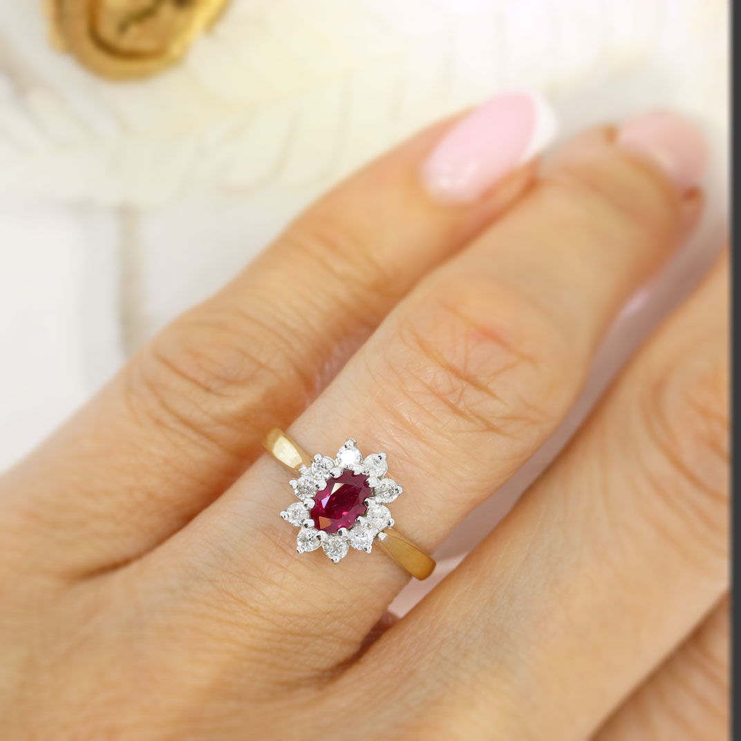 9ct Yellow Gold Oval Claw Set Ruby & Diamond Cluster Ring