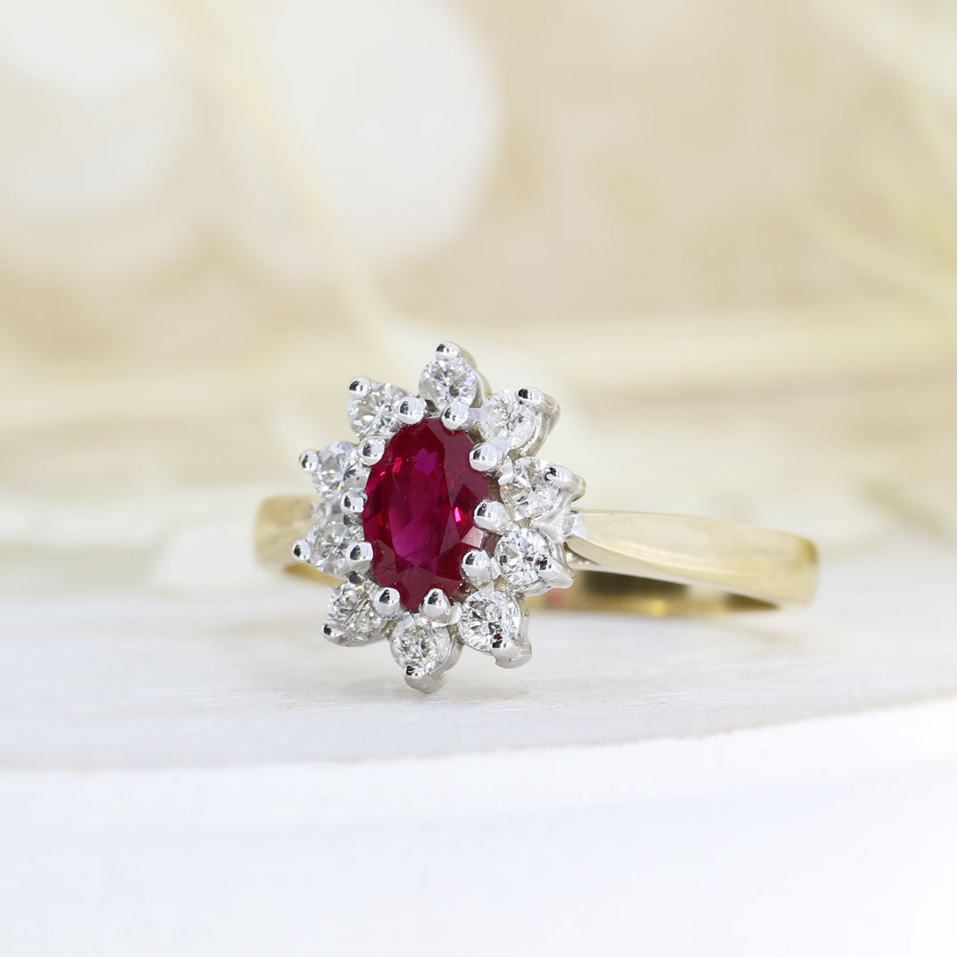 9ct Yellow Gold Oval Claw Set Ruby & Diamond Cluster Ring