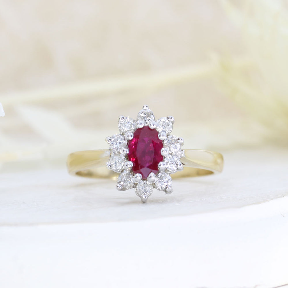 9ct Yellow Gold Oval Claw Set Ruby & Diamond Cluster Ring